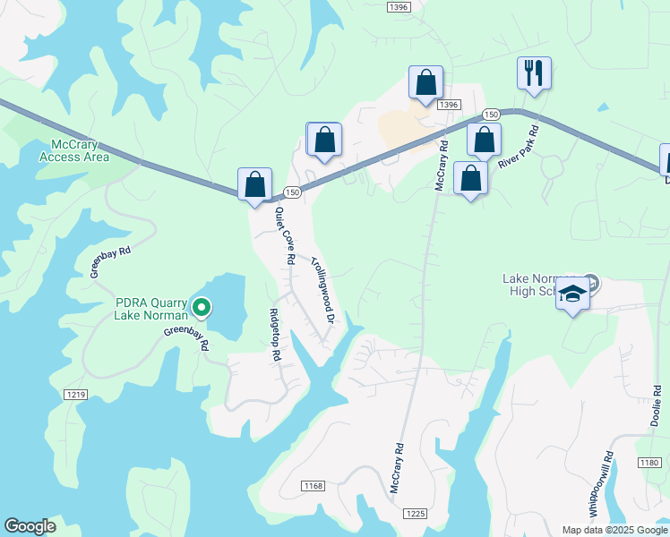 map of restaurants, bars, coffee shops, grocery stores, and more near Trollingwood Ln in Mooresville
