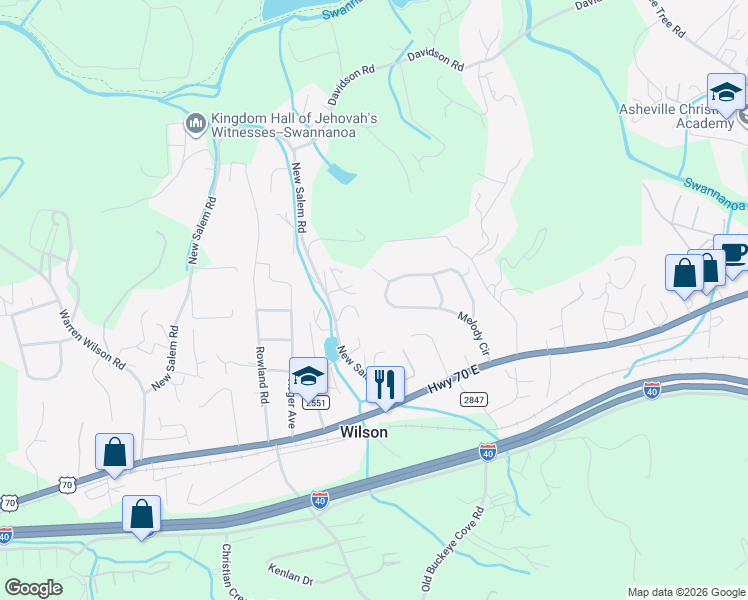 map of restaurants, bars, coffee shops, grocery stores, and more near 404 Melody Circle in Swannanoa