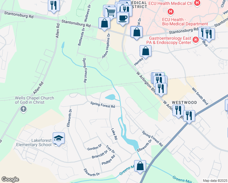 map of restaurants, bars, coffee shops, grocery stores, and more near 515 Spring Forest Road in Greenville