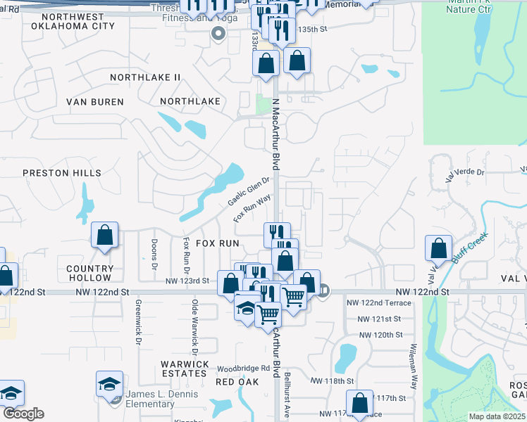 map of restaurants, bars, coffee shops, grocery stores, and more near 12425 Acadia Court in Oklahoma City