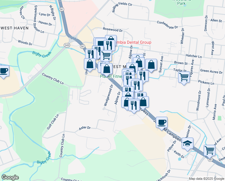map of restaurants, bars, coffee shops, grocery stores, and more near 2005 Wedgewood Drive in Columbia