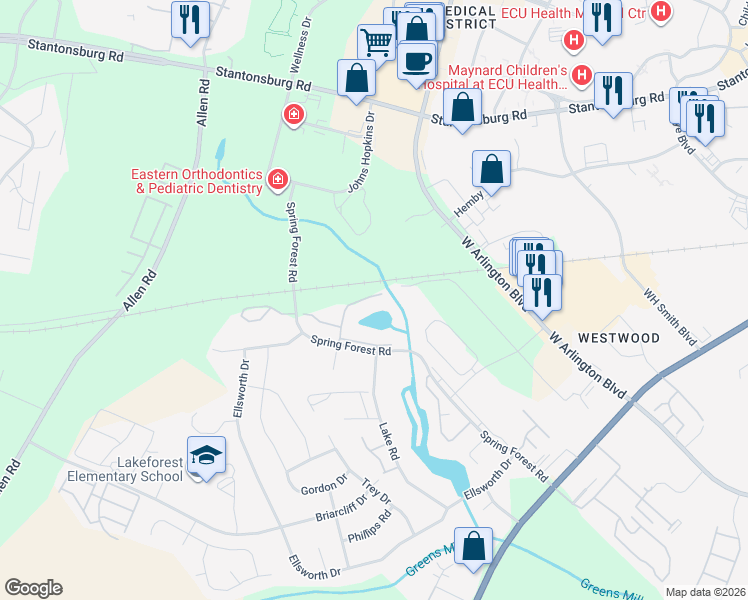 map of restaurants, bars, coffee shops, grocery stores, and more near 605 Spring Forest Road in Greenville