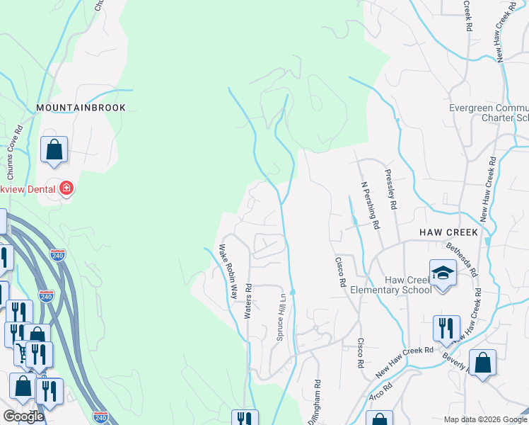 map of restaurants, bars, coffee shops, grocery stores, and more near 150 Rocking Porch Ridge in Asheville