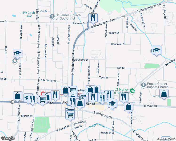 map of restaurants, bars, coffee shops, grocery stores, and more near 407 North Bradford Avenue in Brownsville
