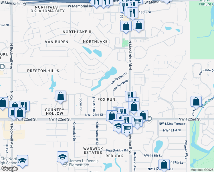 map of restaurants, bars, coffee shops, grocery stores, and more near 6208 Gaelic Glen Drive in Oklahoma City