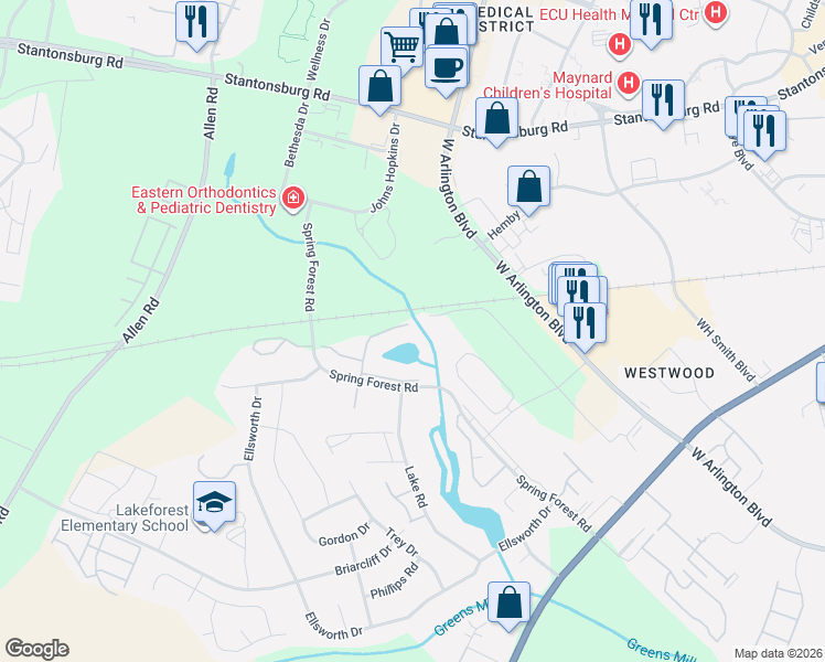 map of restaurants, bars, coffee shops, grocery stores, and more near 605 Spring Forest Road in Greenville