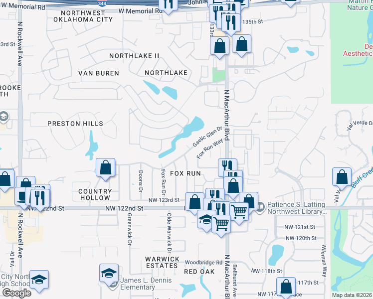 map of restaurants, bars, coffee shops, grocery stores, and more near 6208 Gaelic Glen Drive in Oklahoma City