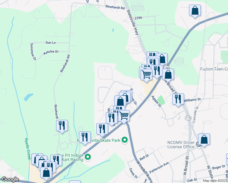 map of restaurants, bars, coffee shops, grocery stores, and more near 163 Limerick Road in Mooresville