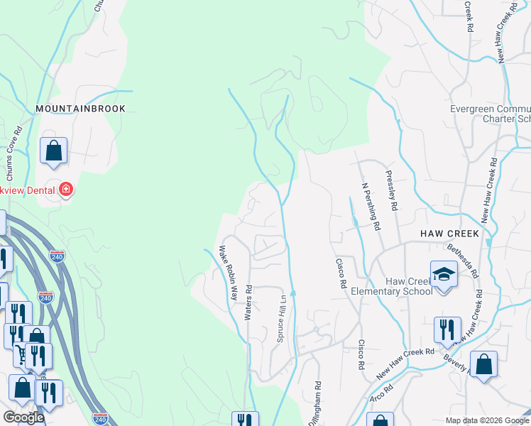 map of restaurants, bars, coffee shops, grocery stores, and more near 150 Rocking Porch Ridge in Asheville
