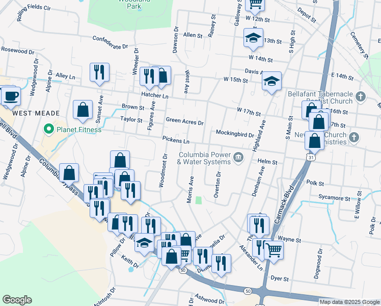 map of restaurants, bars, coffee shops, grocery stores, and more near 1913 Morris Avenue in Columbia