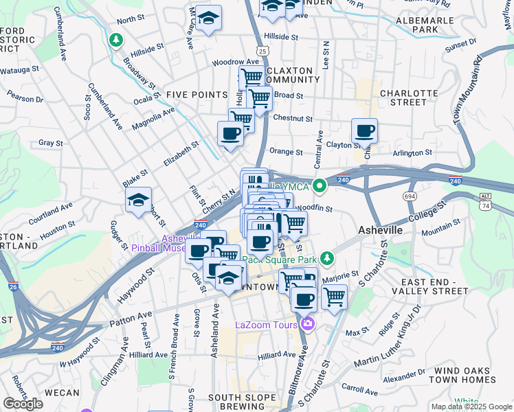 map of restaurants, bars, coffee shops, grocery stores, and more near 93 North Lexington Avenue in Asheville