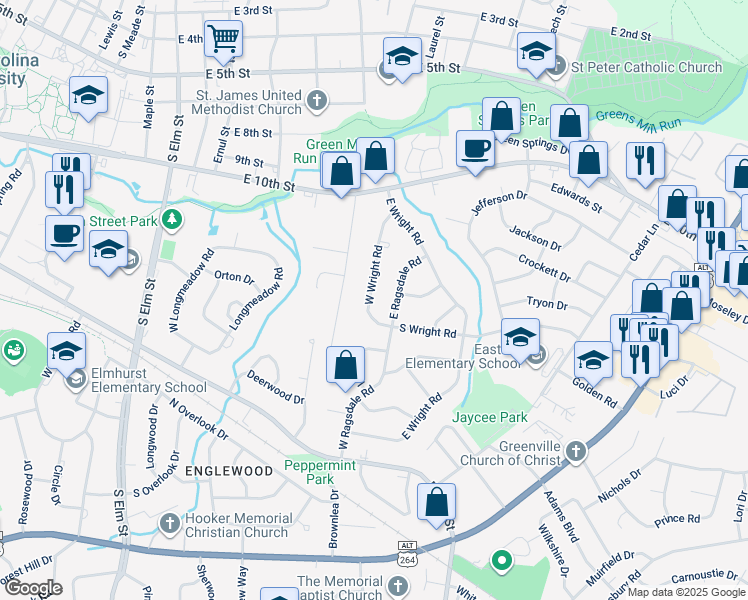 map of restaurants, bars, coffee shops, grocery stores, and more near 1103 West Wright Road in Greenville