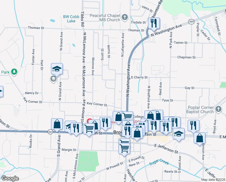 map of restaurants, bars, coffee shops, grocery stores, and more near 326 North Wilson Avenue in Brownsville