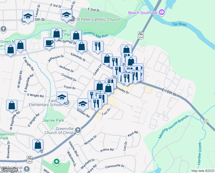 map of restaurants, bars, coffee shops, grocery stores, and more near 2005 Greenville Boulevard Southeast in Greenville