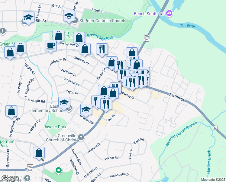 map of restaurants, bars, coffee shops, grocery stores, and more near 2005 Greenville Boulevard Southeast in Greenville
