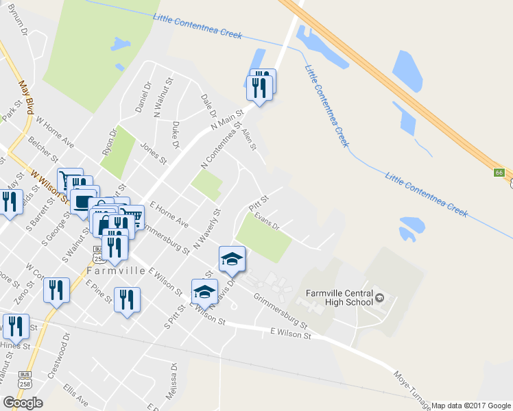map of restaurants, bars, coffee shops, grocery stores, and more near 3360 Pitt Street in Farmville