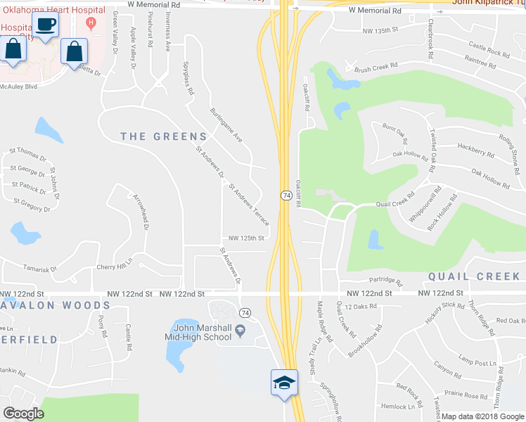 map of restaurants, bars, coffee shops, grocery stores, and more near 12700 Saint Andrews Terrace in Oklahoma City