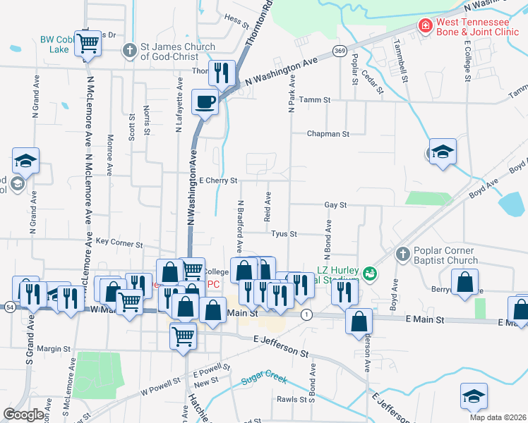 map of restaurants, bars, coffee shops, grocery stores, and more near 535 Reid Avenue in Brownsville