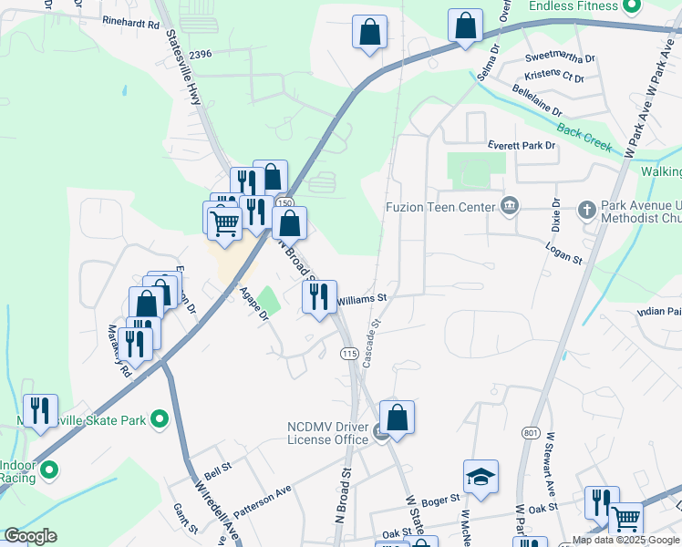 map of restaurants, bars, coffee shops, grocery stores, and more near 601 Williams Street in Mooresville