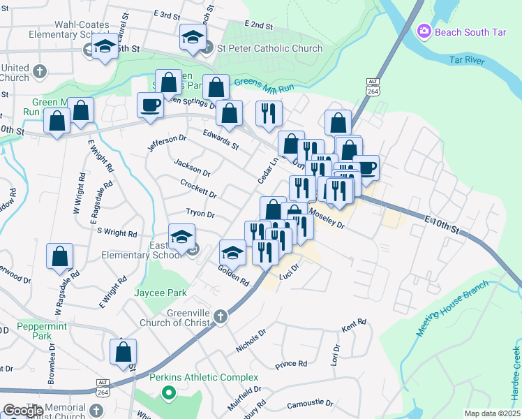 map of restaurants, bars, coffee shops, grocery stores, and more near 206 John Avenue in Greenville