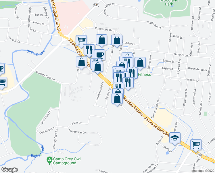 map of restaurants, bars, coffee shops, grocery stores, and more near 2002 Wedgewood Drive in Columbia