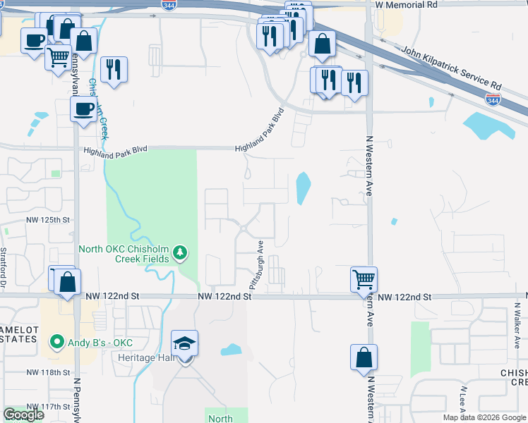 map of restaurants, bars, coffee shops, grocery stores, and more near 1433 Northwest 126th Street in Oklahoma City