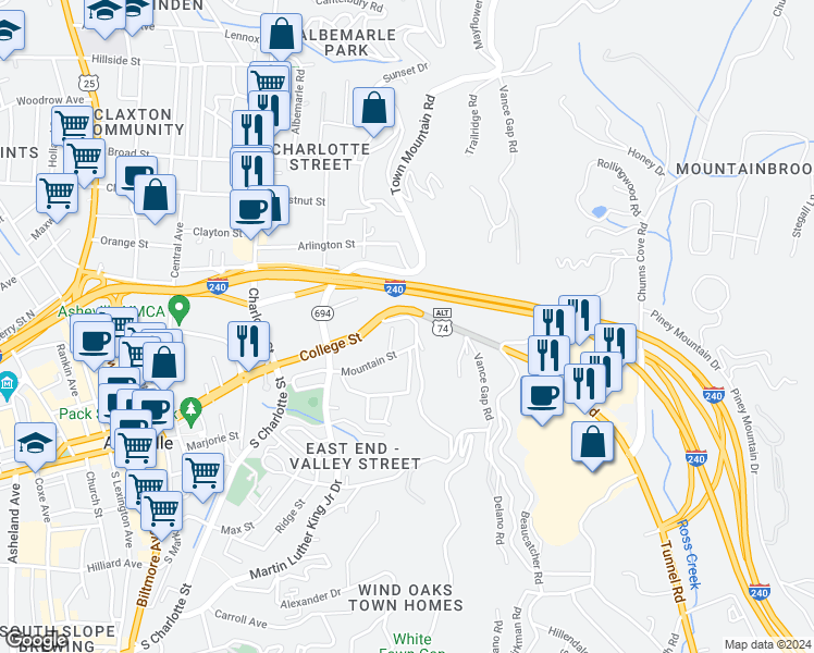 map of restaurants, bars, coffee shops, grocery stores, and more near 543 College Street in Asheville