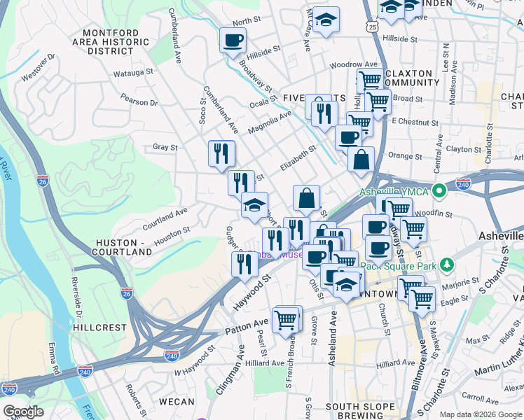map of restaurants, bars, coffee shops, grocery stores, and more near 41 Bearden Avenue in Asheville