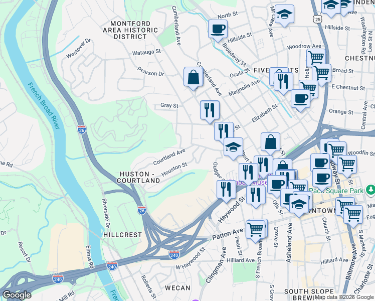 map of restaurants, bars, coffee shops, grocery stores, and more near 74 Courtland Avenue in Asheville