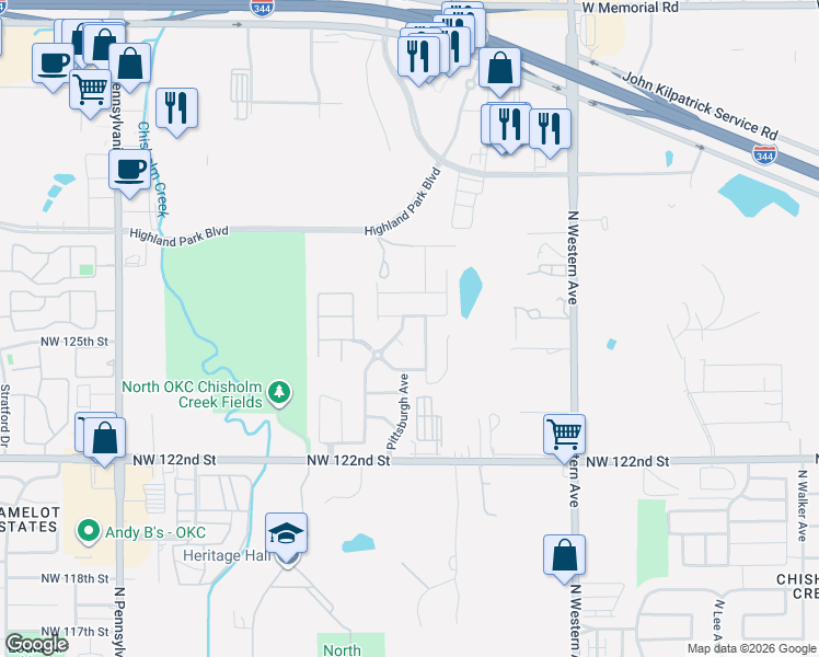 map of restaurants, bars, coffee shops, grocery stores, and more near 1433 Northwest 126th Street in Oklahoma City