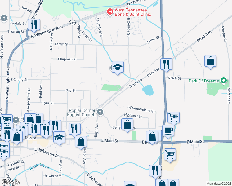 map of restaurants, bars, coffee shops, grocery stores, and more near 1175 East College Street in Brownsville