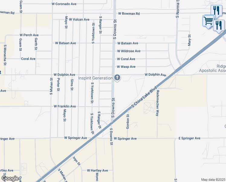map of restaurants, bars, coffee shops, grocery stores, and more near 901 West Burns Avenue in Ridgecrest