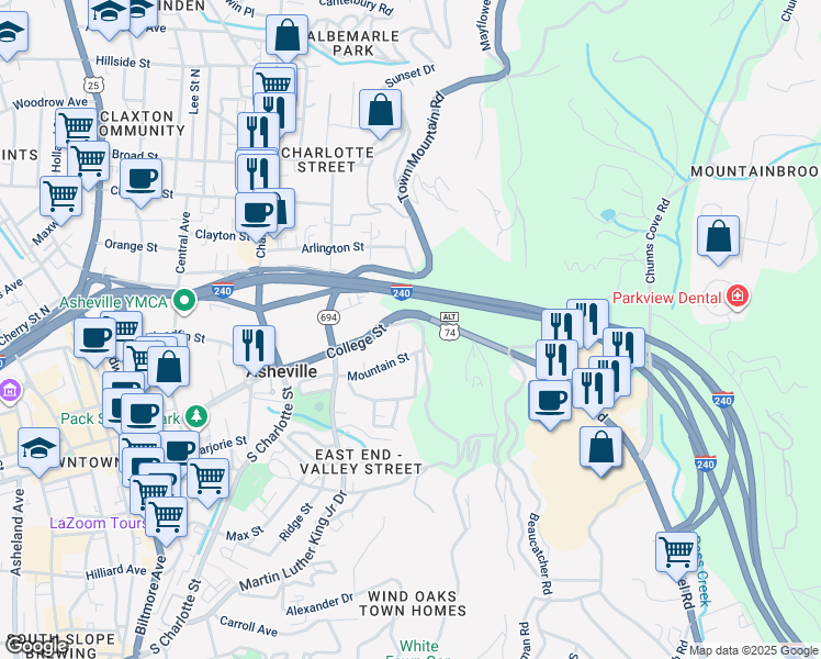 map of restaurants, bars, coffee shops, grocery stores, and more near 543 College Street in Asheville