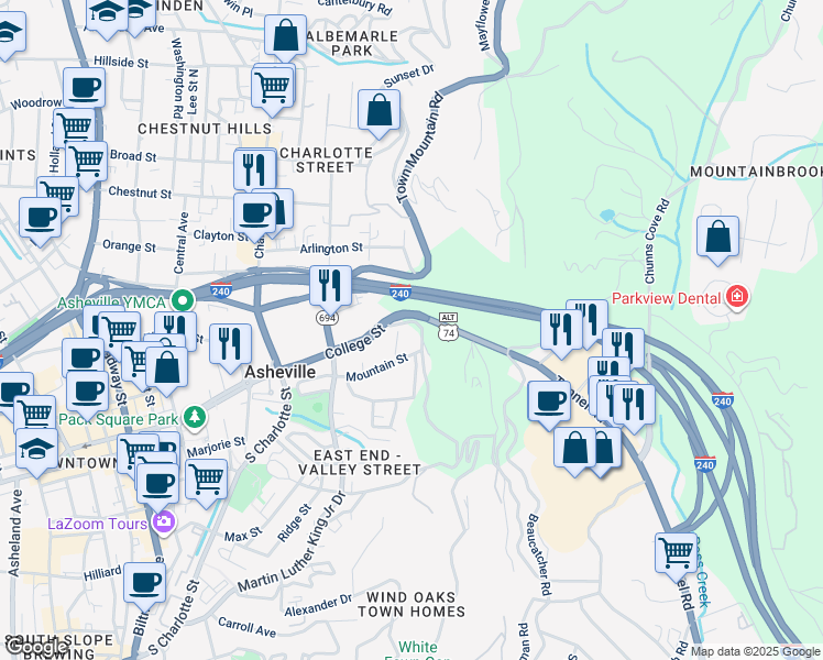 map of restaurants, bars, coffee shops, grocery stores, and more near 543 College Street in Asheville