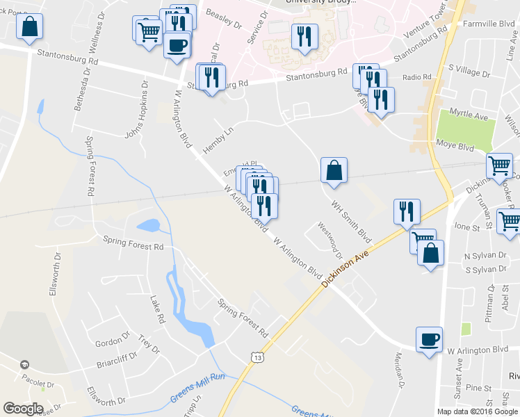 map of restaurants, bars, coffee shops, grocery stores, and more near 1906 West Arlington Boulevard in Greenville