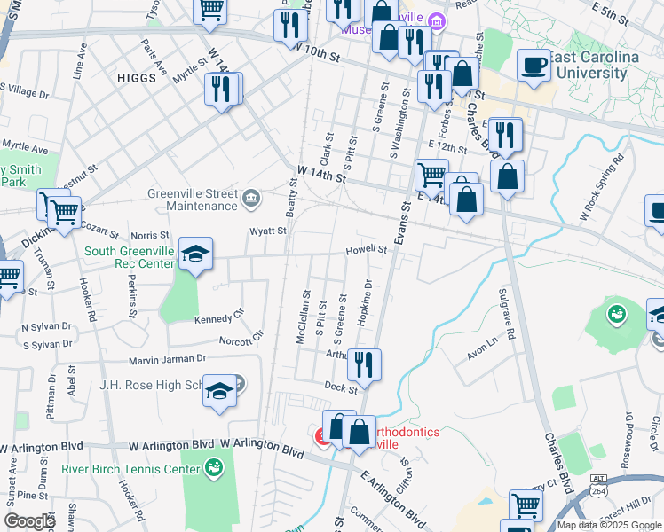 map of restaurants, bars, coffee shops, grocery stores, and more near 100 Hickory Street in Greenville