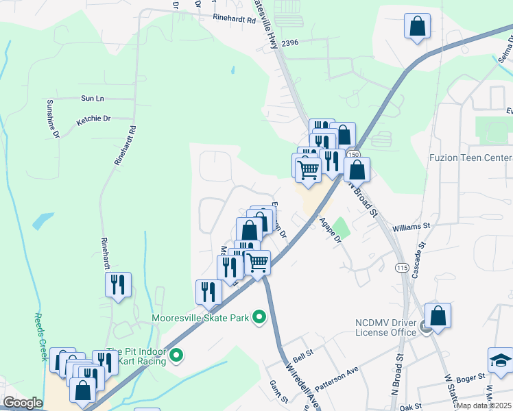 map of restaurants, bars, coffee shops, grocery stores, and more near 175 Limerick Road in Mooresville