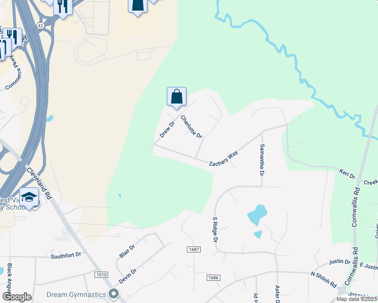 map of restaurants, bars, coffee shops, grocery stores, and more near 480 Zachary Way in Garner