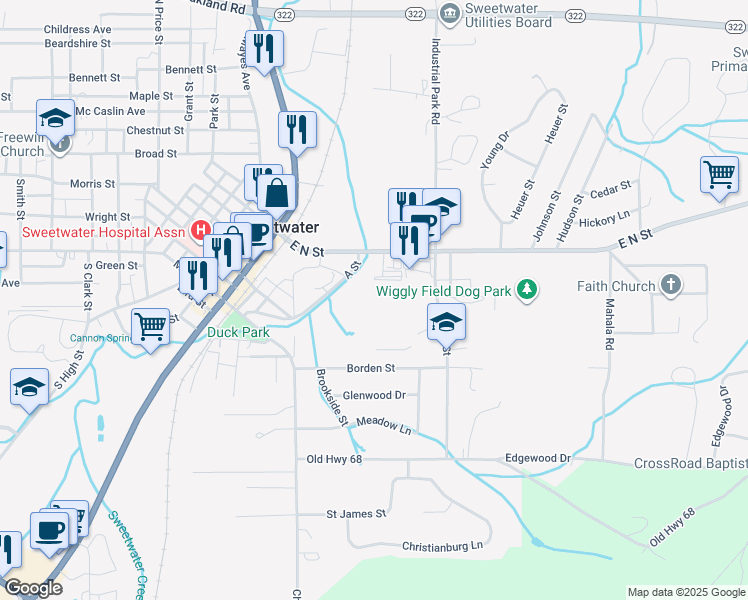 map of restaurants, bars, coffee shops, grocery stores, and more near 400 Sweetwater Vonore Road in Sweetwater