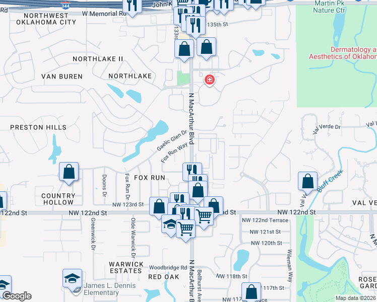 map of restaurants, bars, coffee shops, grocery stores, and more near 12432 Acadia Court in Oklahoma City