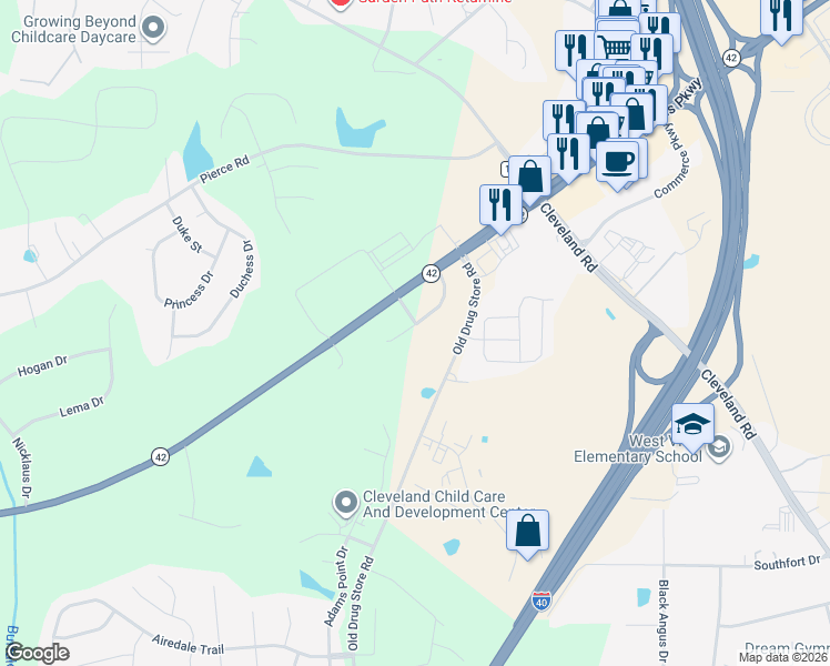 map of restaurants, bars, coffee shops, grocery stores, and more near 6101 North Carolina 42 in Garner