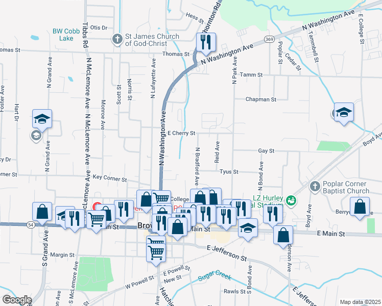 map of restaurants, bars, coffee shops, grocery stores, and more near 521 North Bradford Avenue in Brownsville