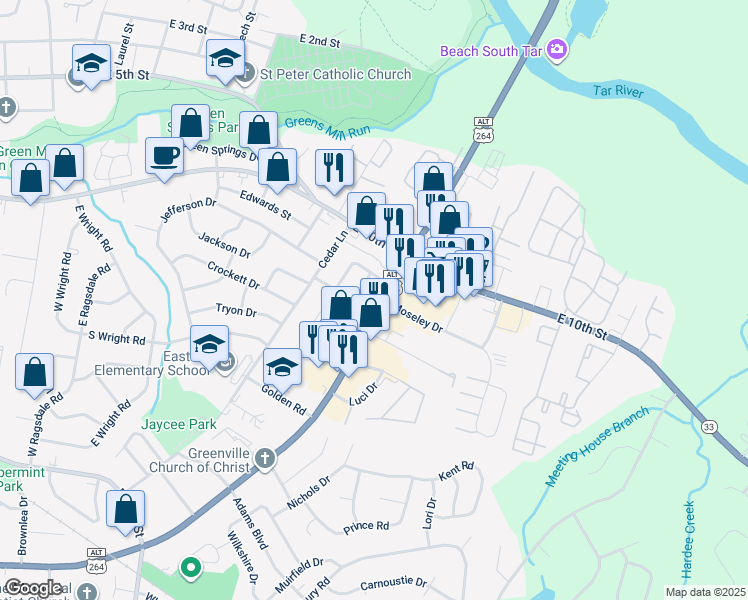 map of restaurants, bars, coffee shops, grocery stores, and more near 2007 Greenville Boulevard Southeast in Greenville