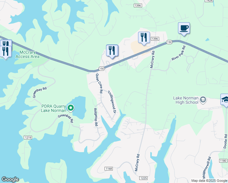 map of restaurants, bars, coffee shops, grocery stores, and more near Trollingwood Ln in Mooresville