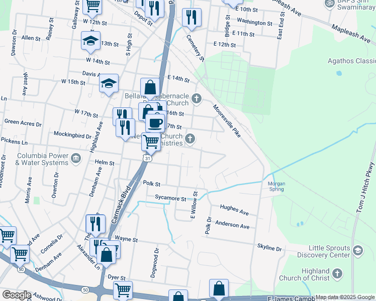 map of restaurants, bars, coffee shops, grocery stores, and more near 319 East 18th Street in Columbia
