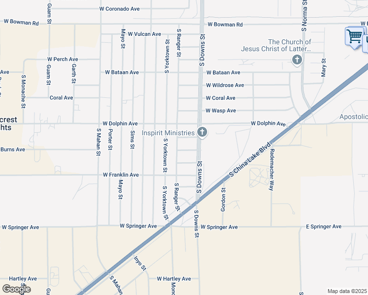 map of restaurants, bars, coffee shops, grocery stores, and more near 924 West Burns Avenue in Ridgecrest