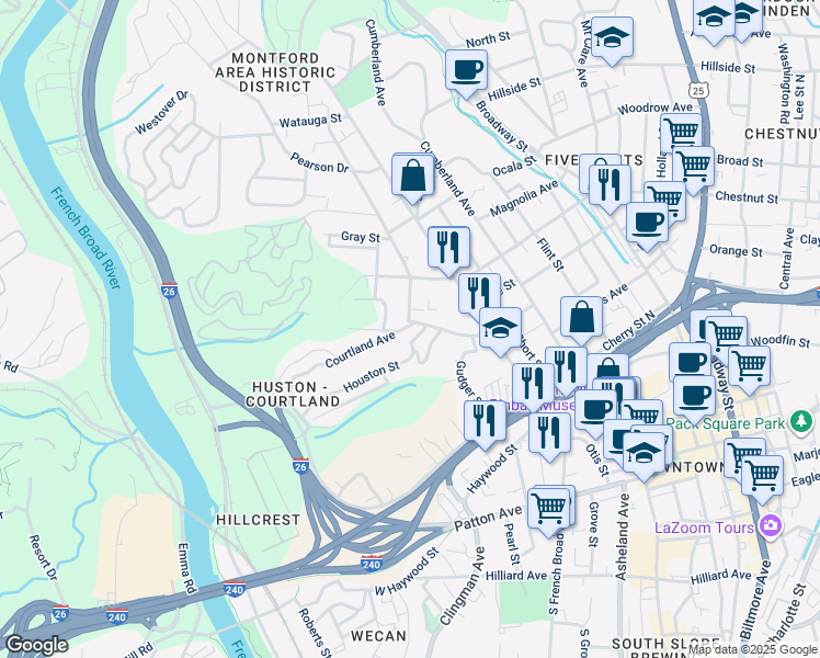 map of restaurants, bars, coffee shops, grocery stores, and more near 74 Courtland Avenue in Asheville