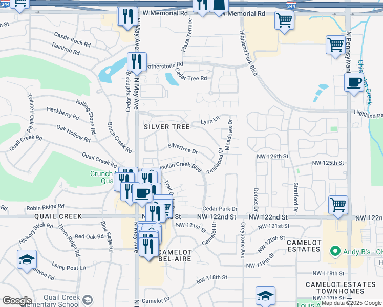 map of restaurants, bars, coffee shops, grocery stores, and more near 2707 Silvertree Drive in Oklahoma City
