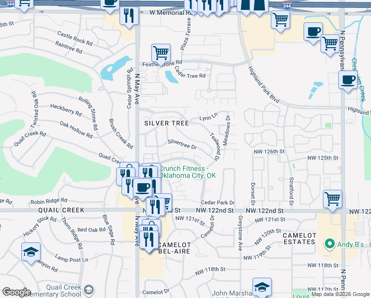 map of restaurants, bars, coffee shops, grocery stores, and more near 2707 Silvertree Drive in Oklahoma City