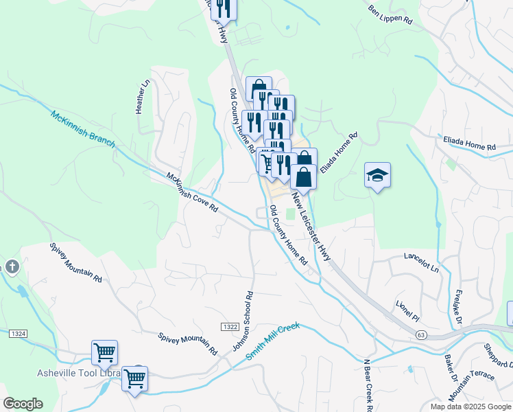 map of restaurants, bars, coffee shops, grocery stores, and more near 20 Mill Creek Loop in Asheville